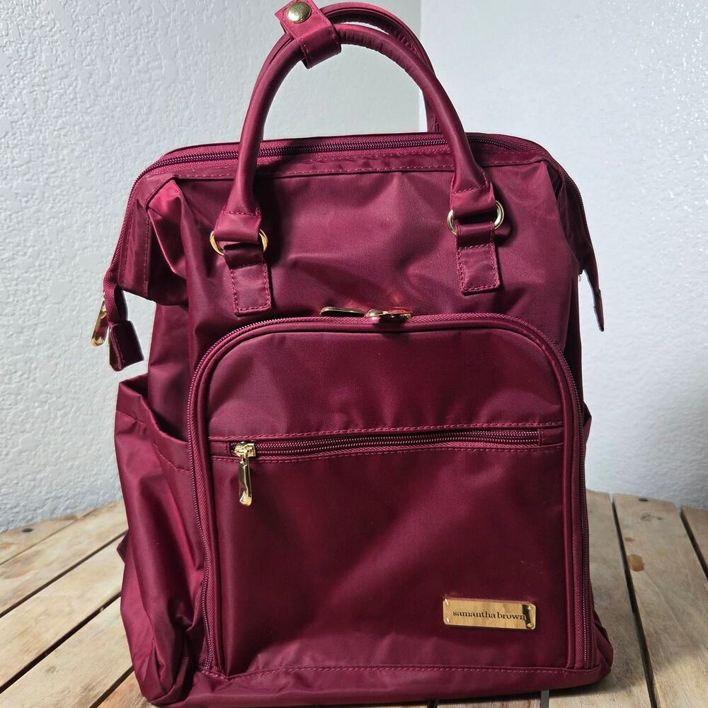 Samantha Brown Burgundy Nylon Wide-Mouth Travel Backpack & Satchel Tote